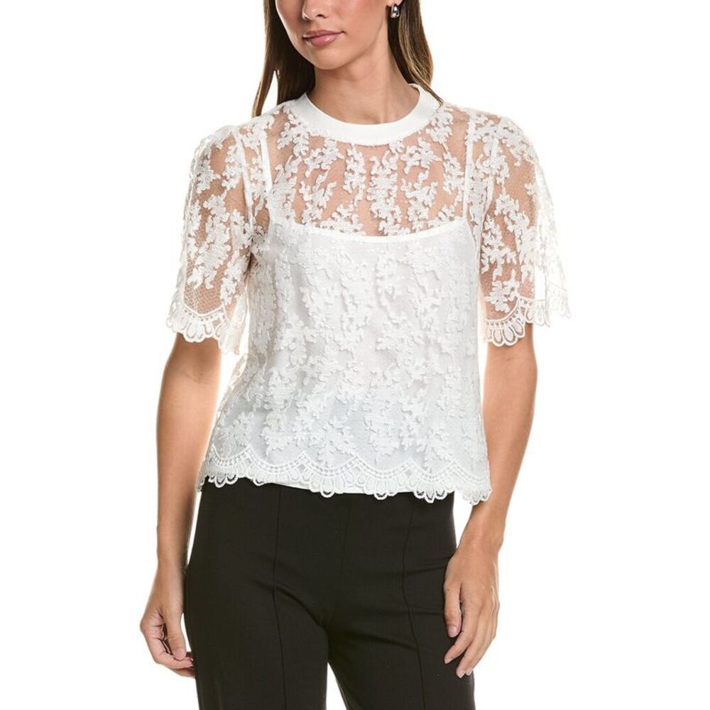 Gracia Womens Lace Work Top, White